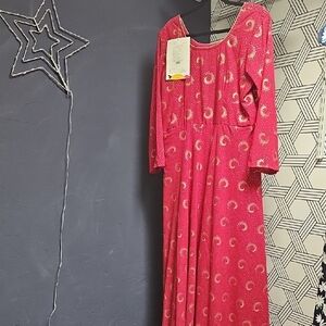 Red Long Sleeve Maxi Dress with Gold Accents